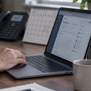 Laptop screen showing a domain management account next to a paper calendar on a desk