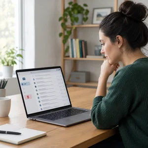 Small business owner reviewing her email inbox on a laptop, wondering why her emails land in spam