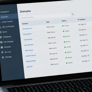 Hosting control panel screen listing managed domains with a sidebar menu for email, backups, and settings