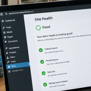 Laptop screen showing the WordPress Site Health dashboard reporting a good status