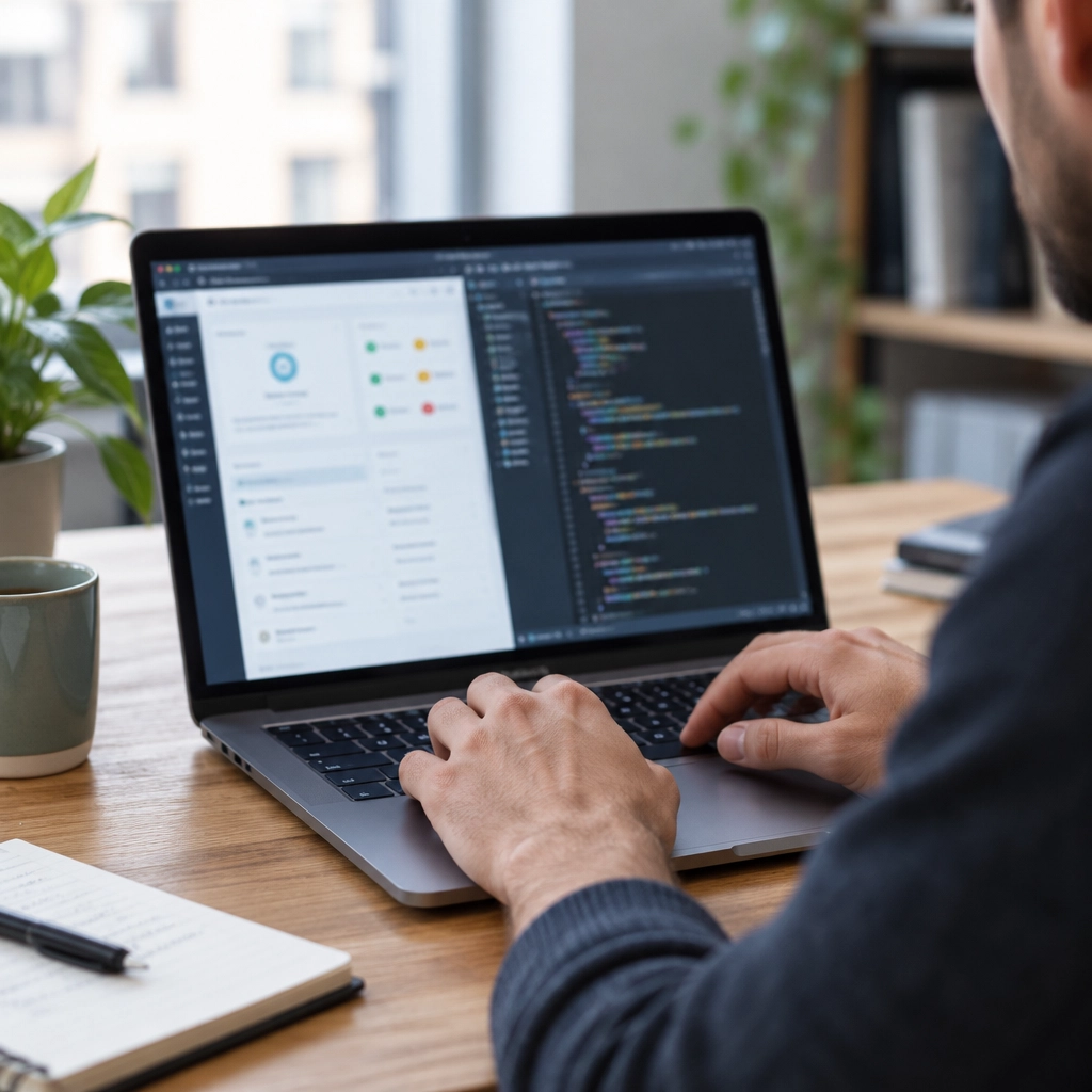 Web developer reviewing the PHP version shown in the WordPress Site Health dashboard on a laptop