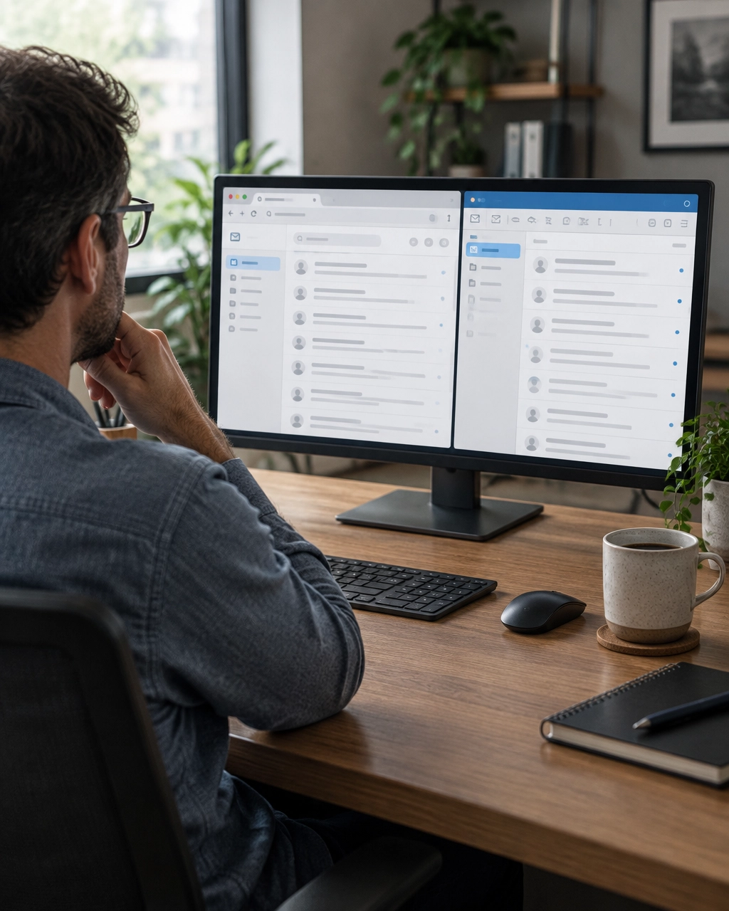 Business owner comparing a webmail inbox in a browser with a desktop email app